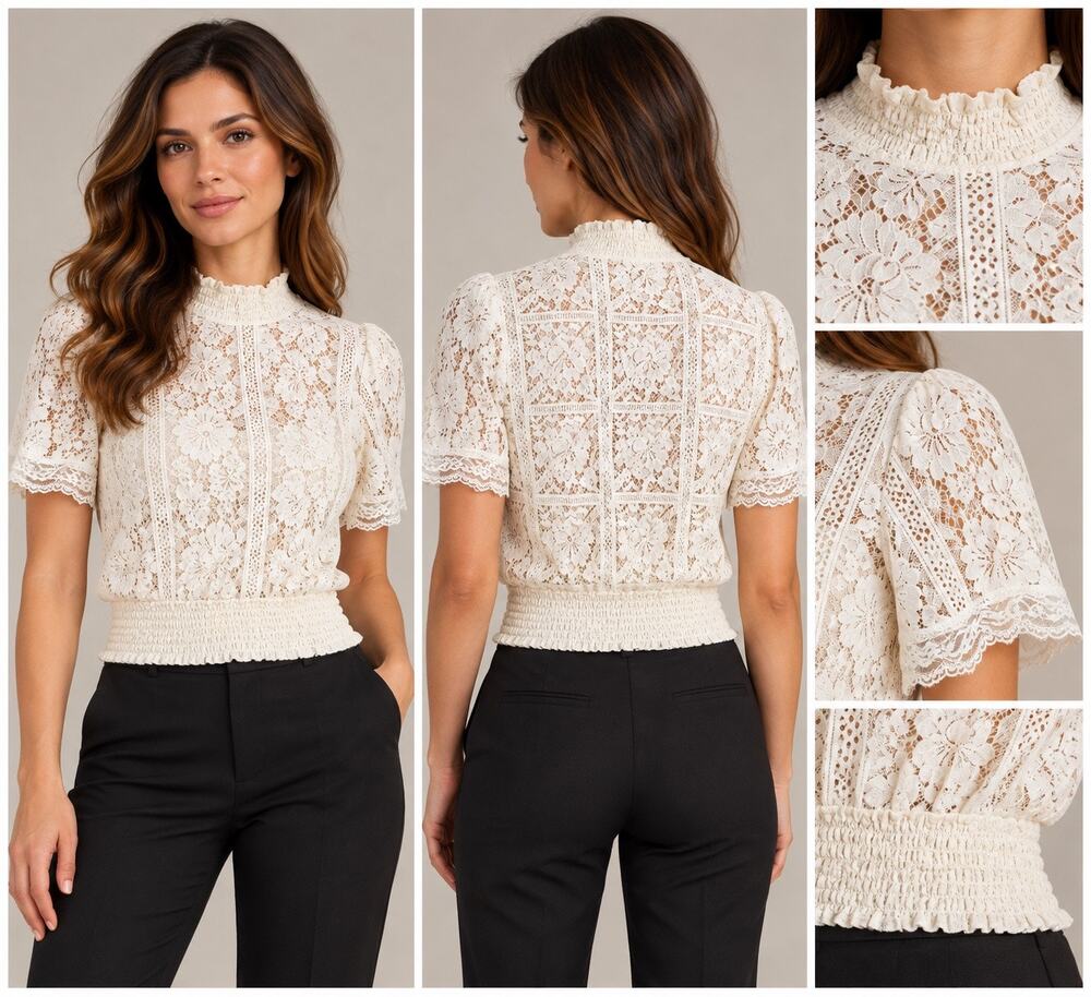 Peach Womens L Cream Floral Lace Blouse Smocked Mock Neck Cottagecore Top